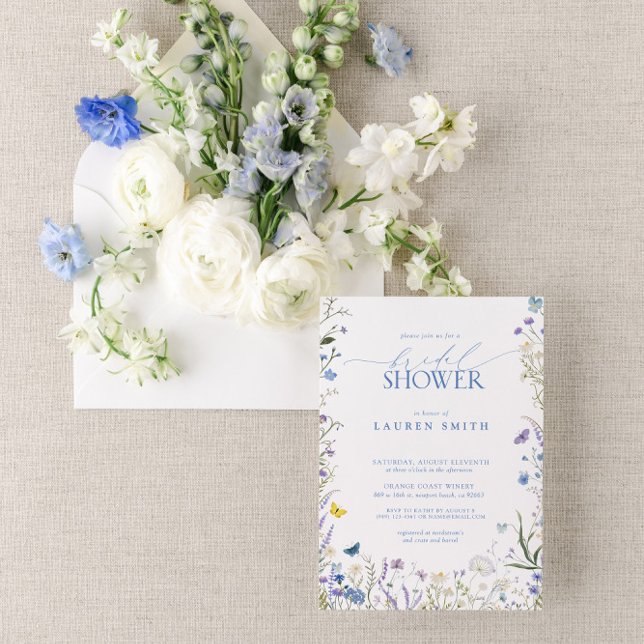 Elegant Blue Wildflower Floral Bridal Shower Invitation (Join us for a blue wildflower bridal shower!)