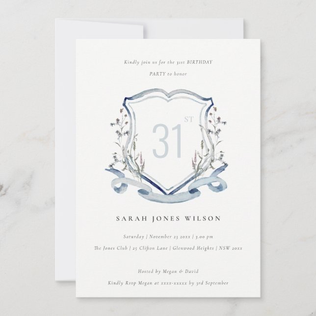 Elegant Blue Wildflower Monogram Crest Birthday Invitation (Front)
