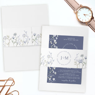 Elegant blue wildflower monogram wedding invitation belly band