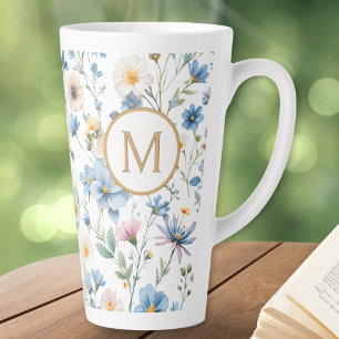 Elegant Blue Wildflower Pattern Botanical Monogram Latte Mug