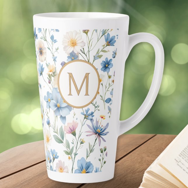 Elegant Blue Wildflower Pattern Botanical Monogram Latte Mug (An elegant latte mug with blue, pink and white wildflowers pattern and custom monogram initial)