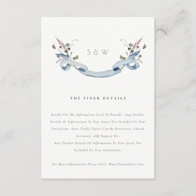 Elegant Blue Wildflower Ribbon Wedding Details Enclosure Card (Front)