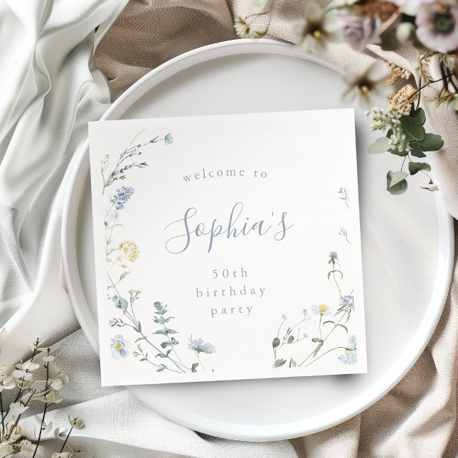Elegant Blue Wildflower Rustic Boho Birthday Napkin (Elegant Blue Wildflower Rustic Boho Birthday Napkins)