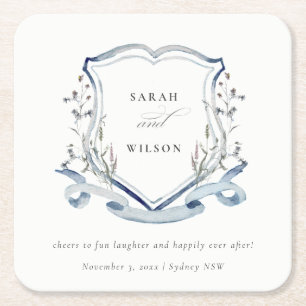 Elegant Blue Wildflower Watercolor Crest Wedding Square Paper Coaster