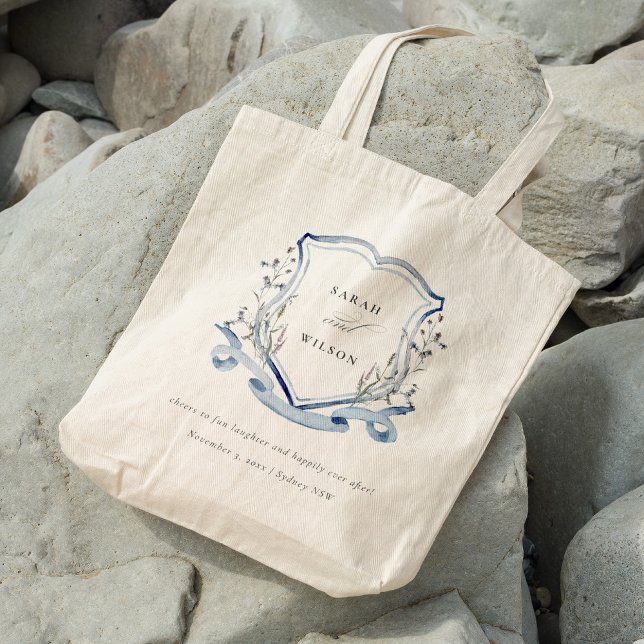 Elegant Blue Wildflower Watercolor Crest Wedding Tote Bag (Creator Uploaded)