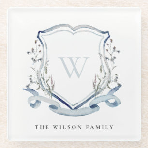 Elegant Blue Wildflower Watercolor Monogram Crest Glass Coaster