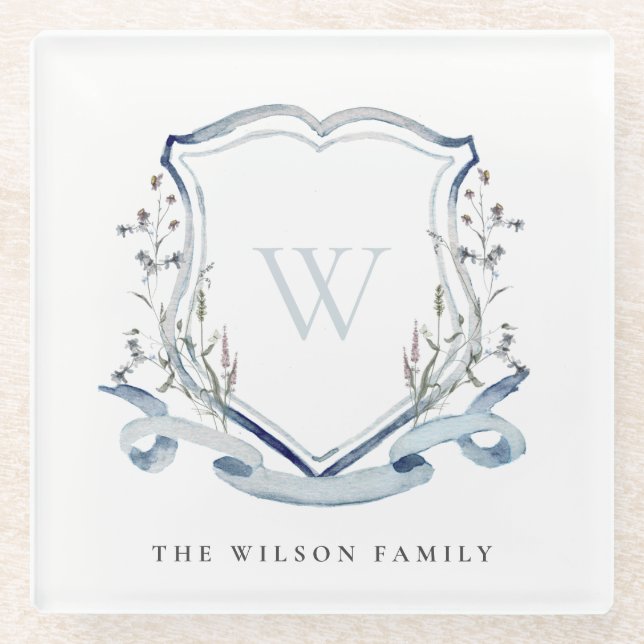 Elegant Blue Wildflower Watercolor Monogram Crest Glass Coaster (Front)