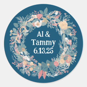 Elegant Blue Wildflower Wedding Floral Wreath Classic Round Sticker