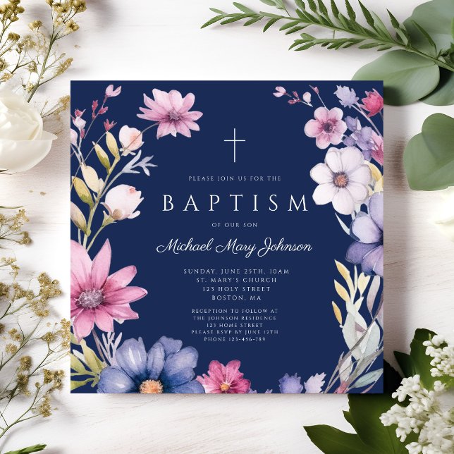 Elegant Blue Wildflower Wreath Boy Baptism Invitation (Elegant Blue Wildflower Wreath Boy Baptism Invitation)