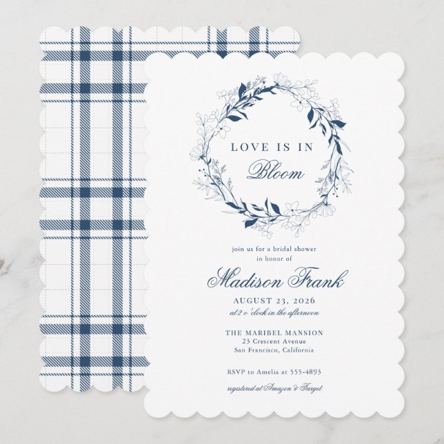 Elegant Blue Wildflower Wreath Plaid Bridal Shower Invitation (Front/Back)