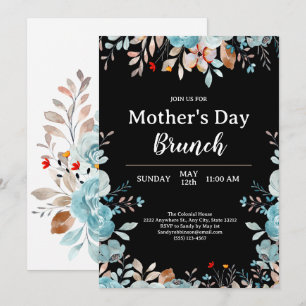 Elegant Blue Wildflowers Black Mother's Day Brunch Invitation