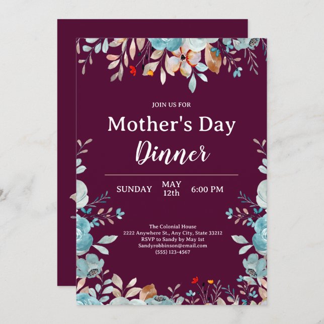 Elegant Blue Wildflowers Black Mother's Day Dinner Invitation (Front/Back)