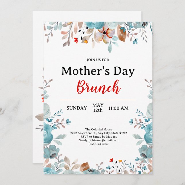 Elegant Blue Wildflowers Chic Mother's Day Brunch Invitation (Front/Back)