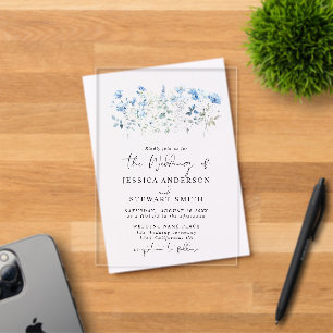 Elegant Blue Wildflowers Floral Wedding Acrylic Invitations
