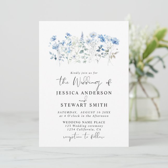 Elegant Blue Wildflowers Floral Wedding Invitation (Standing Front)