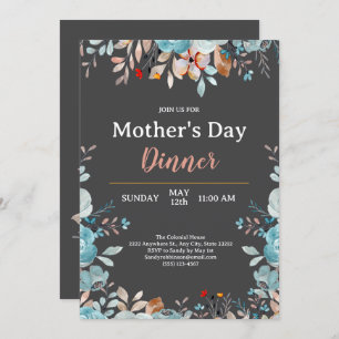 Elegant Blue Wildflowers Mint Mother's Day Dinner Invitation