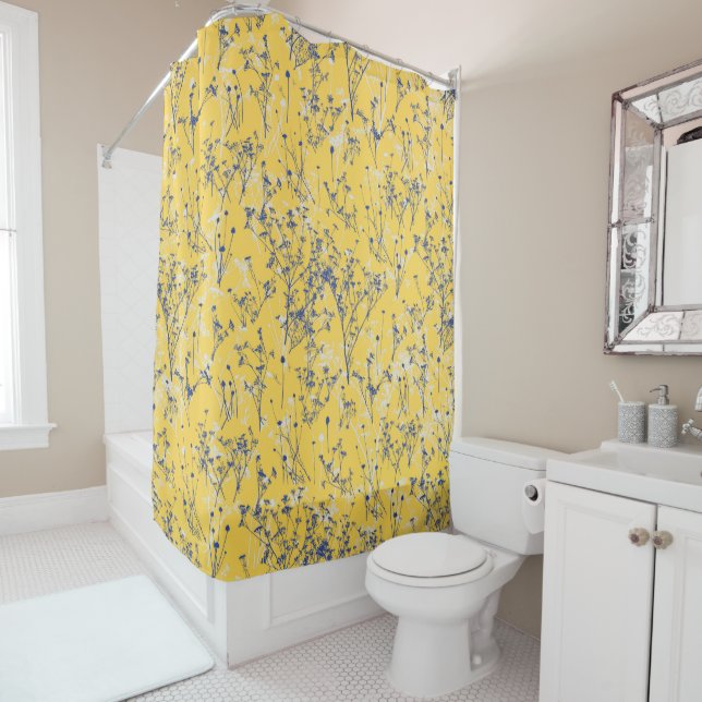 Elegant Blue Wildflowers on Mustard Yellow  Shower Curtain (In Situ)
