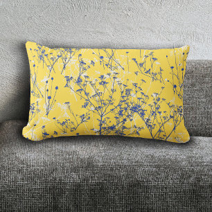 Elegant Blue Wildflowers on Mustard Yellow Throw P Lumbar Cushion