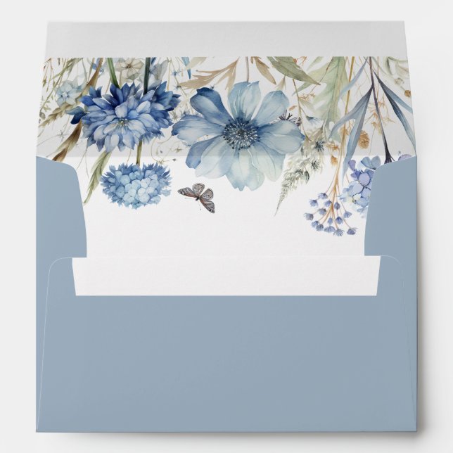 Elegant Blue Wildflowers Watercolor Floral Wedding Envelope (Back (Bottom))