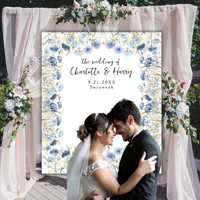 Elegant Blue Wildflowers Wedding Photo  Backdrop Tapestry (Creator Uploaded)