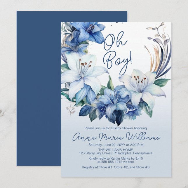 Elegant Blue Winter Floral Boy Baby Shower Invitation (Front/Back)