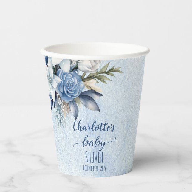 Elegant Blue Winter Floral Boy Baby Shower Paper Cups (Front)