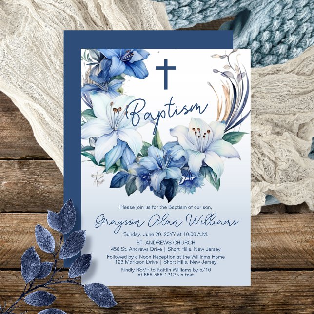 Elegant Blue Winter Floral Boy Baptism Invitation (Elegant Blue Winter Floral Boy Baptism Invitation)