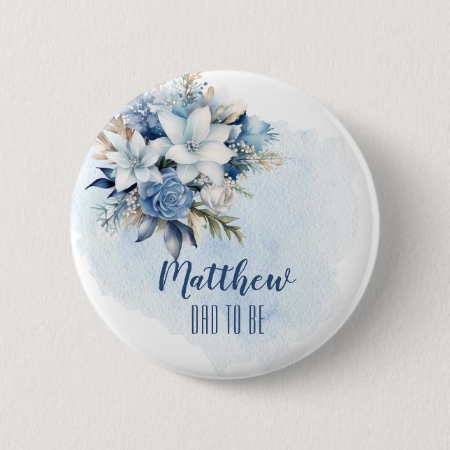 Elegant Blue Winter Floral Shower Dad to Be 6 Cm Round Badge (Front)