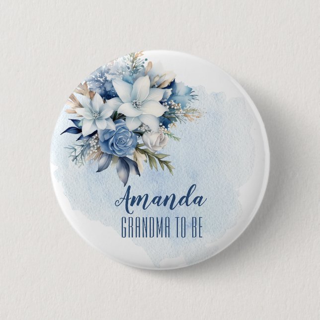 Elegant Blue Winter Floral Shower Dad to Be 6 Cm Round Badge (Front)