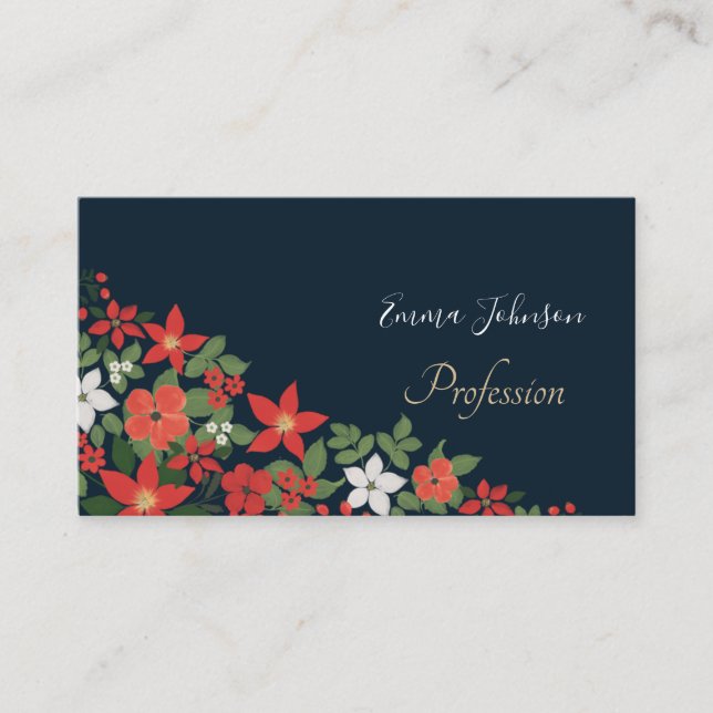 Elegant Blue Winter Red White Floral Painting Business Card (Front)