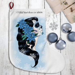 Elegant Blue Winter Sugar Skull Floral Woman Large Christmas Stocking
