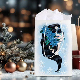 Elegant Blue Winter Sugar Skull Floral Woman Medium Gift Bag