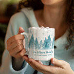Elegant Blue Winter Trees Christmas Family Reunion Coffee Mug<br><div class="desc">An elegant row of winter fir trees and snowflakes above your personalised Merry Christmas script and your family last name in pretty blue below the snow filled forest. Modern annual holiday family reunion keepsake mug gift with your custom message.</div>