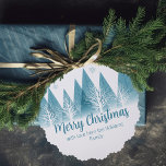 Elegant Blue Winter Trees Custom Christmas Gift Tree Decoration Card<br><div class="desc">An elegant row of winter fir trees and snowflakes above your personalised Merry Christmas script and your family last name in pretty blue below the snow filled forest. Modern holiday family party gift tag ornament dard with your custom message.</div>