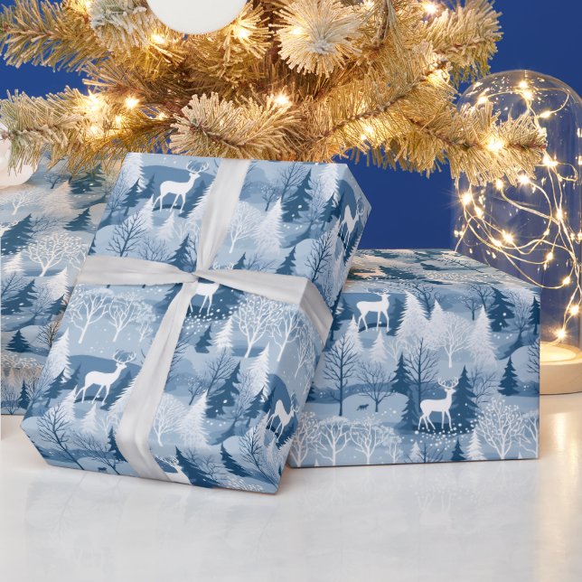 Elegant Blue Winter Woodland & Deer Christmas Wrapping Paper (Holidays)