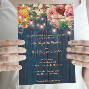Elegant Blue Wood Floral String Lights Wedding Invitation