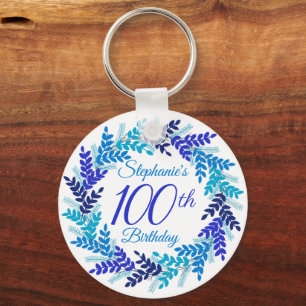 Elegant Blue Wreath 100th Birthday Keychain