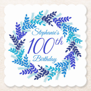 Elegant Blue Wreath 100th Birthday Paper Coaster
