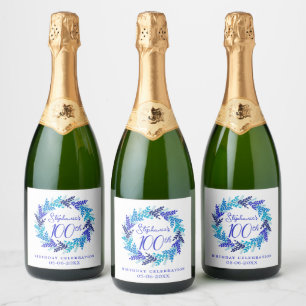 Elegant Blue Wreath 100th Birthday Sparkling Wine Label