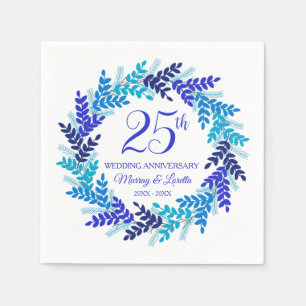 Elegant Blue Wreath 25th Anniversary Party Napkins