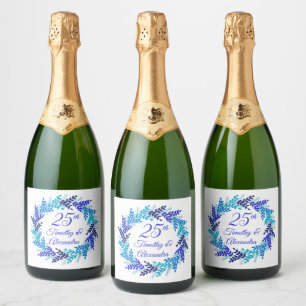 Elegant Blue Wreath 25th Wedding Anniversary Sparkling Wine Label