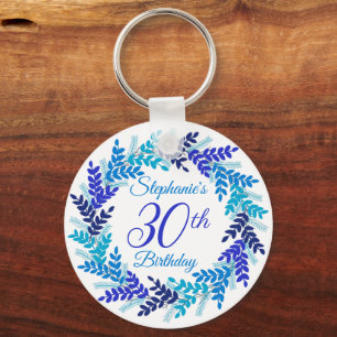 Elegant Blue Wreath 30th Birthday Keychain