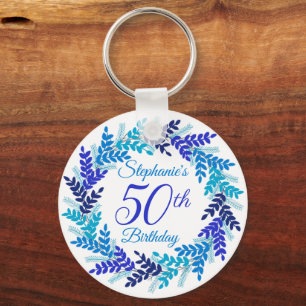 Elegant Blue Wreath 50th Birthday Keychain