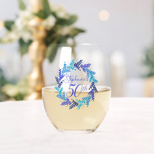 Elegant Blue Wreath 50th Birthday Party Stemless Wine Glass