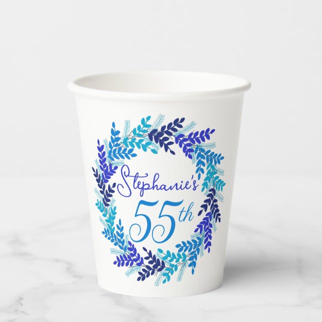 Elegant Blue Wreath 55th Birthday Party Paper Cups (Front)
