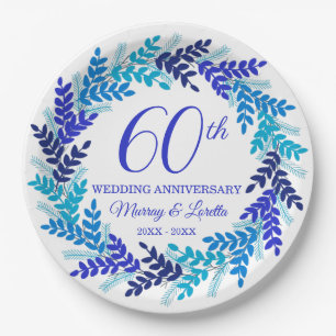 Elegant Blue Wreath 60th Anniversary Party Paper Plate