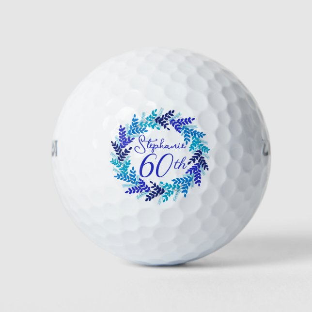 Elegant Blue Wreath 60th Birthday Golf Balls (Front)