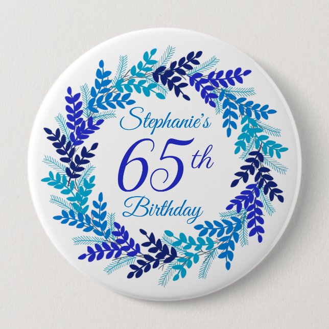 Elegant Blue Wreath 65th Birthday 10 Cm Round Badge (Front)