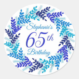 Elegant Blue Wreath 65th Birthday Classic Round Sticker