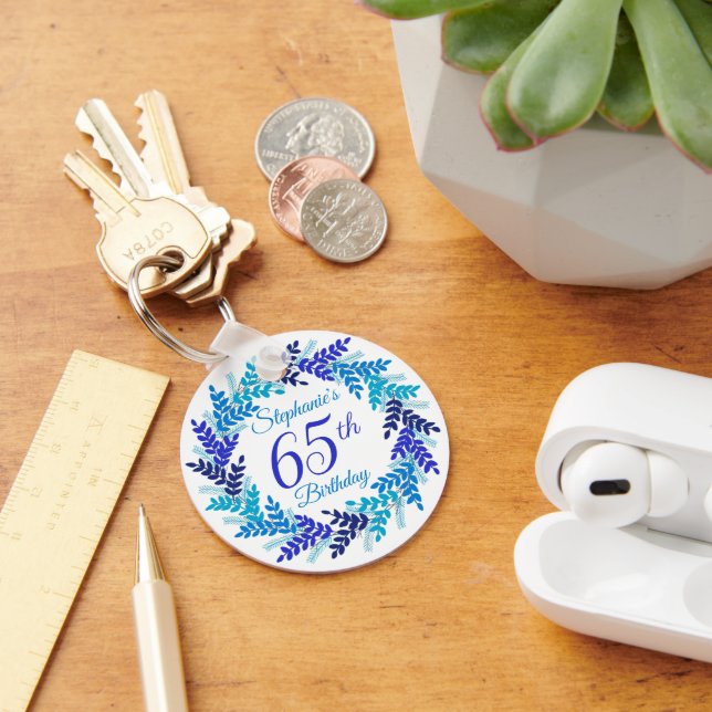 Elegant Blue Wreath 65th Birthday Key Ring (Desk)